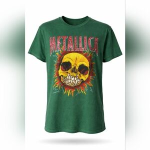 Metallica Flaming Skull Graphic Tee Green Cotton Small Unisex Band Shirt